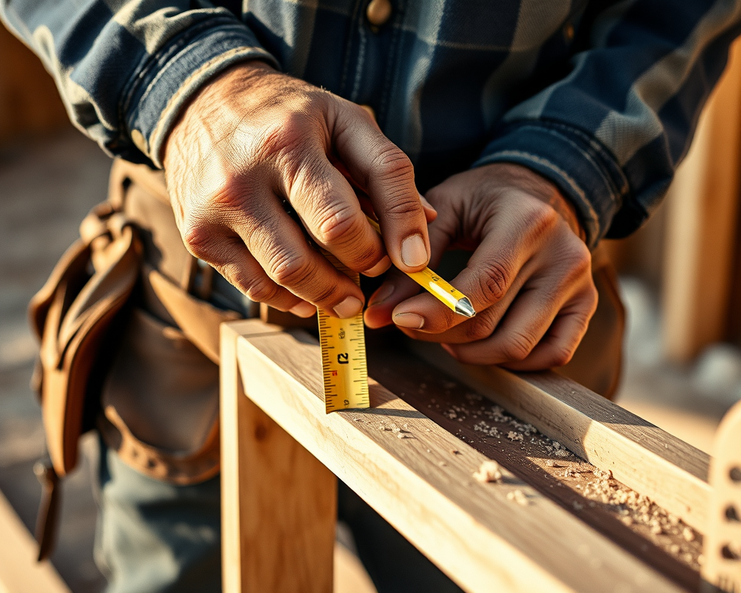 Craftsman measuring and marking a wood frame